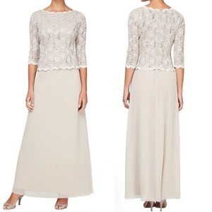 Alex Evenings Long Gown with Sequin Lace Bodice & Chiffon Skirt Taupe 112318